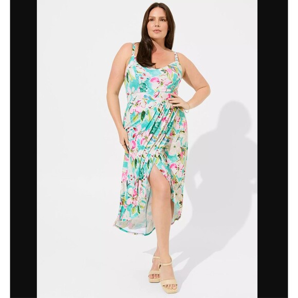 Torrid Midi Dress 3X 22 24 Studio Floral Sleeveless Faux Knit Wrap Slit Stretch - Picture 2 of 6